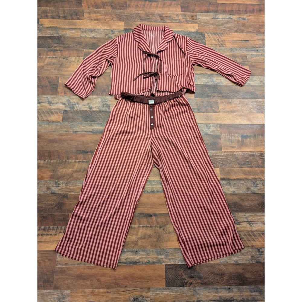 Urban Outfitters Out From Under Satin Stripe Pajama Set Tie Front Top L Pants XL